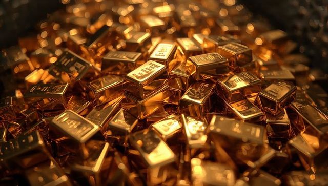 Stacked small gold bullion bars gleaming under warm vault light with stamped markings