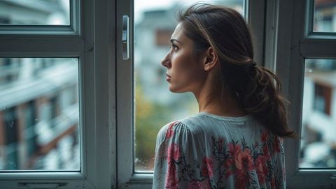 Woman in floral blouse contemplating by rainy window