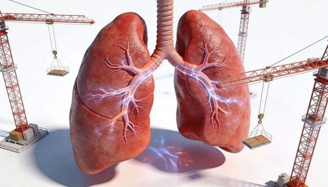Floating human lungs with glowing bronchial network and construction cranes metaphor