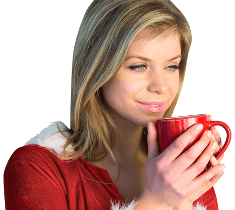 Transparent Image of Woman in Santa Suit Holding Red Mug