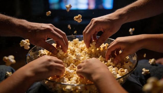Multiple hands reaching into giant bowl of buttered popcorn during cozy movie night
