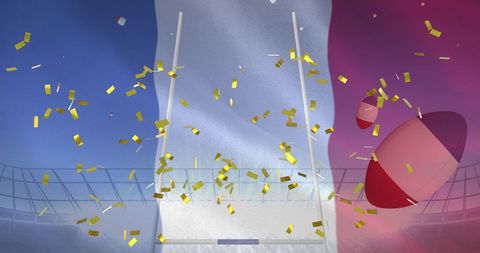 French Flag Over Rugby Stadium with Falling Confetti