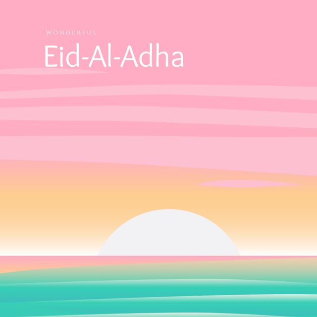 Modern and serene digital illustration featuring 'Eid-Al-Adha' text with a stylized sunset background. Ideal for use in greeting cards, social media posts, and festive holiday announcements.