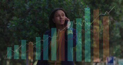 Businesswoman Analyzing Digital Data Visuals in Green Urban Area