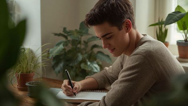 Young man writing in notebook at sunlit home desk with houseplants and cozy sweater