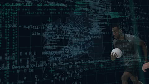 Rugby Players Amidst Digital Data and Globe Visualization