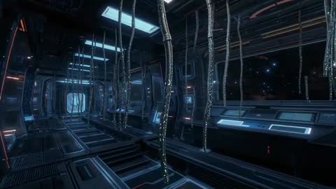 Exploring futuristic spaceship corridor and glowing tech wonders
