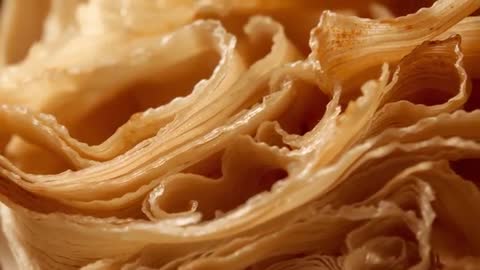 Macro Pullback Video Showing Flaky Laminated Pastry Layers and Golden Buttery Texture