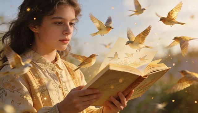 Teen reading enchanted book, songbirds rising from pages, golden sunlit meadow wonder