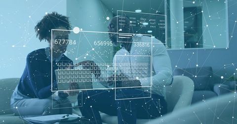 Business Team Analyzing Digital Data Overlays in Modern Office