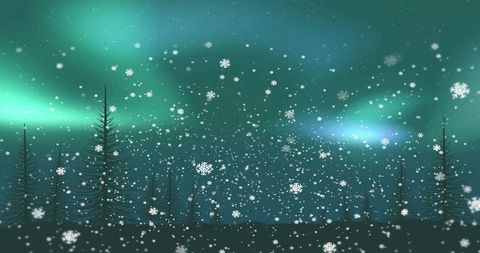 Northern lights illuminating snowy pine silhouettes with falling snowflakes and green aurora night s