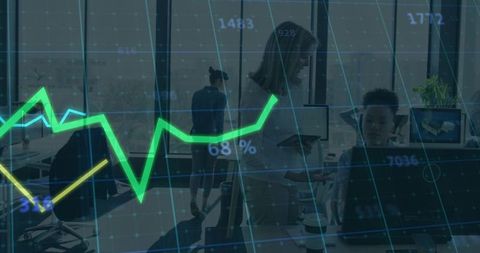 Business team collaborating with analytics overlay showing rising financial graph and productivity