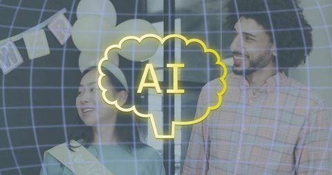 Smiling friends celebrating with ai brain overlay, balloons, sash and plaid shirt