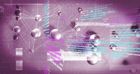 Holographic network of metallic spheres and neon data streams on futuristic circuitry