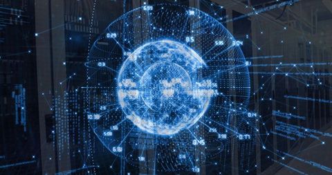 Futuristic Blue Digital Globe in Modern Data Center