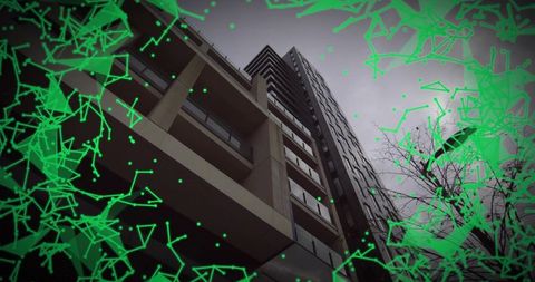 Low-Angle Urban Tower with Neon Green Digital Network Overlay, Futuristic Architecture Concept