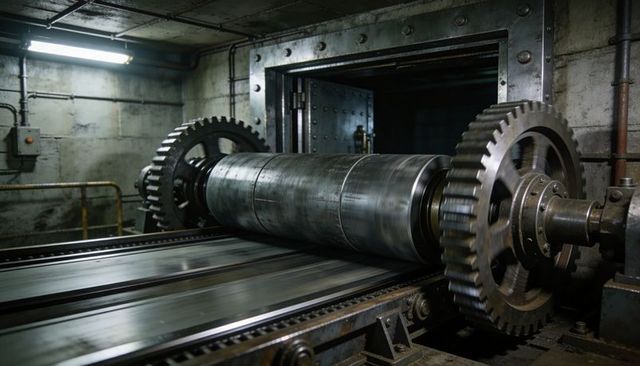 Rotating industrial steel roller with large spur gears in vintage mechanical room