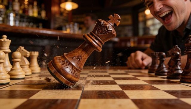 Toppling king on wooden chessboard in pub capturing victory, defeat and celebration
