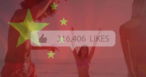 Dancing Friends on Sunny Beach Overlapping with Social Media Icon