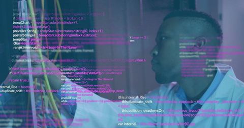 Scientist analyzing tech innovation in laboratory with code overlay