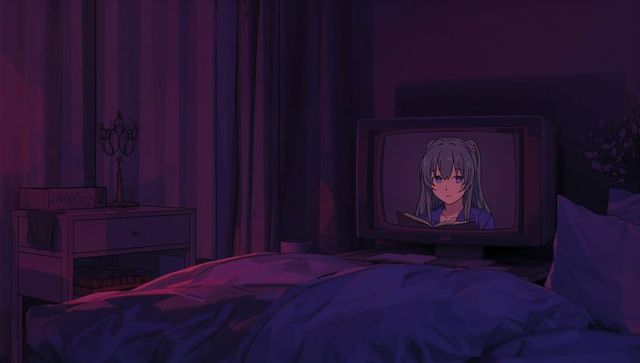 Cozy bedroom with crt tv displaying anime scene