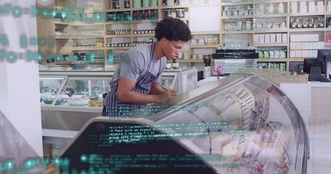 Digital Financial Analysis Visuals Overlying Shop Keeper Working - Download Free Stock Images Pikwizard.com