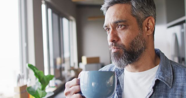 Mature man with grey hair drinking coffee while standing by a large window, looking pensive. Ambient light illuminates the scene, creating a calm and relaxed atmosphere. Use for content relating to everyday life, reflective moments, mornings, relaxation, and personal introspection.