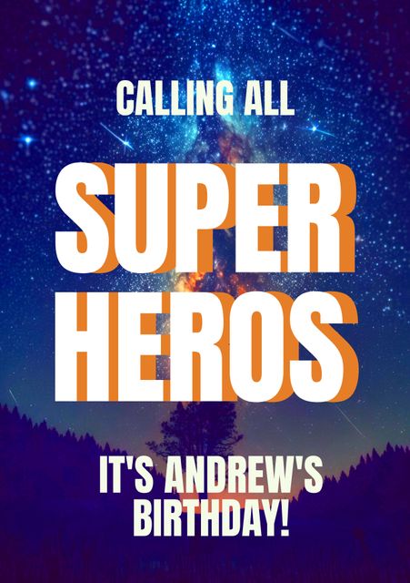 Superhero-themed birthday invitation highlighting bold text over cosmic background. Ideal for kids' superhero birthday parties, themed gatherings, or fun superhero-themed events.