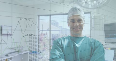 Smiling surgeon in hospital with overlaid statistical data graphics