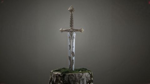 Intricately engraved medieval sword in mossy stump on gray background