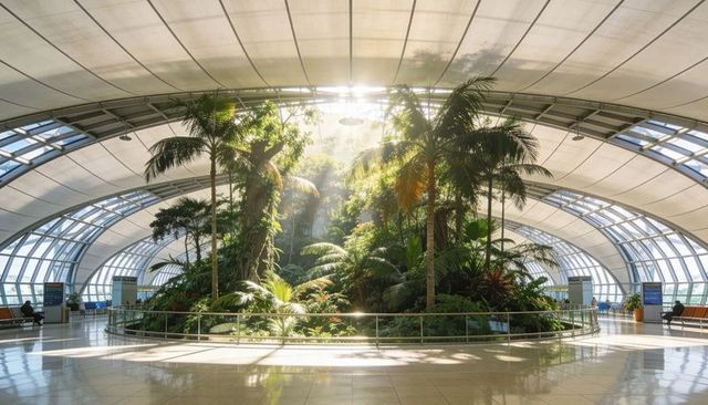 Sunlit tropical atrium inside modern airport terminal with palm trees and glass skylights