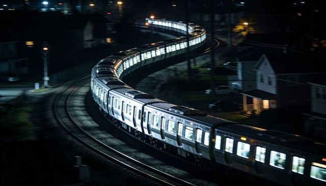 Commuter train snaking along curved suburban tracks at night with illuminated carriages