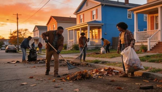 Volunteers raking autumn leaves on suburban street at sunset, neighborhood cleanup