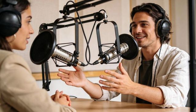 Podcast hosts conversing in professional studio with broadcast microphones and headphones