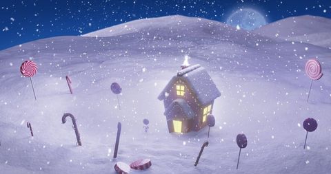 Whimsical snowy cottage with candy canes at night