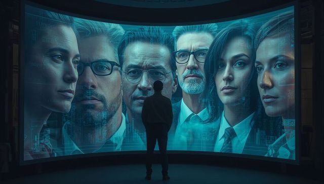 Silhouette analyzing futuristic holograms in hi-tech control room