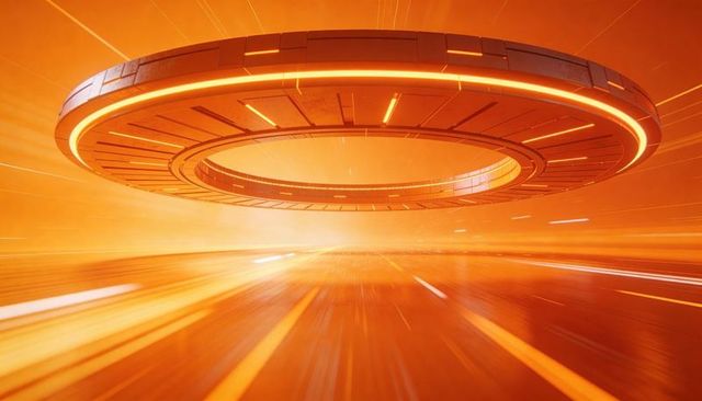 Hovering ring craft glowing orange neon over futuristic runway horizon