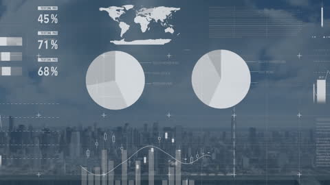 Cityscape with Financial Data and Global Analytics Overlay