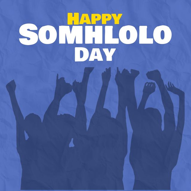 Illustration of silhouette people with arms raised and happy somhlolo day text on blue background. Vector, independence day, patriotism, celebration, freedom and identity concept.
