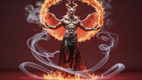 Mythical horned lucifer figure summoning circle of fire in dragon wings
