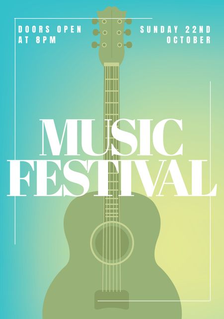 Poster featuring a stylized guitar illustration prominently in the center, advertising a music festival. Text provides event date and time details. Ideal for promoting music festivals, live concerts, outdoor music events, and entertainment gatherings.