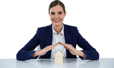 business professional enacting protective gesture around toy house on transparent background - Download Free Stock Videos Pikwizard.com