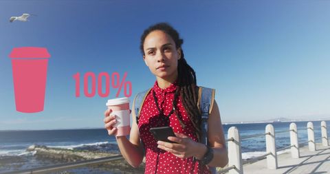 Woman Walking on Promenade with Coffee and Fitness Icon