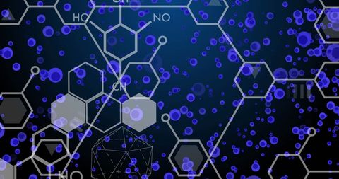 Digital chemical formulas and cells on navy background