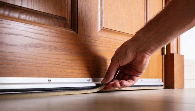 Applying foam door sweep to wooden threshold for draft prevention and energy saving