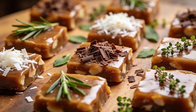 Gourmet caramel nut squares with chocolate shavings and coconut garnish on wooden board
