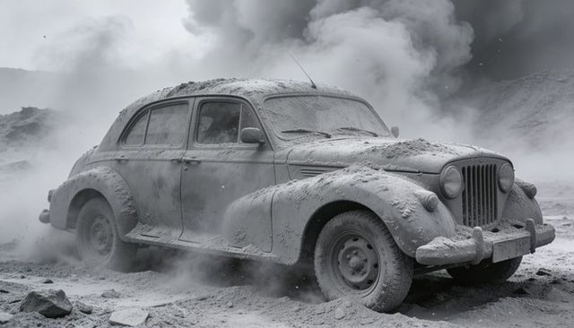 Vintage saloon car sitting coated in volcanic ash on desolate plain with rising ash plume