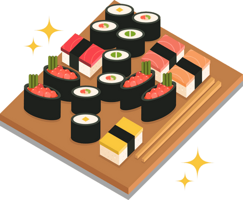 Sushi Feast on Floating Wooden Tray with Sparkles Transparent Design