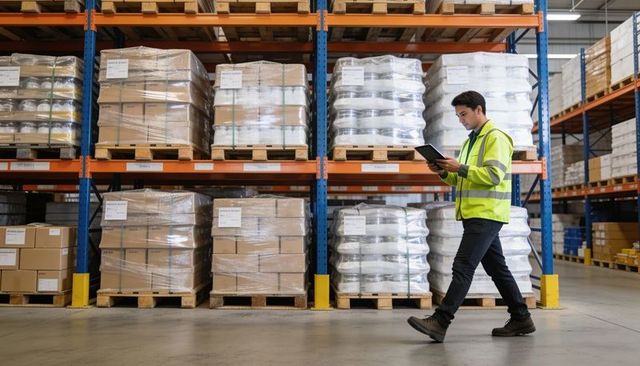 Warehouse worker walking while checking tablet beside pallet racks in distribution hub