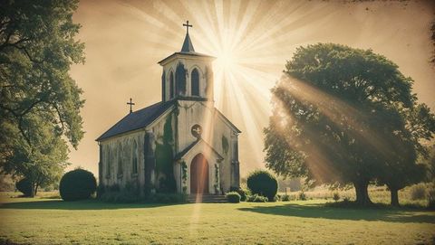 Golden Sunbeams Illuminate Small Rural Church in Tranquil Countryside